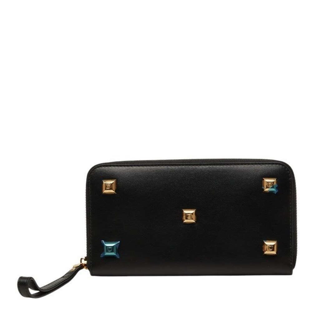 Salvatore Ferragamo Studded Gancini Round Zip Long Wallet Black